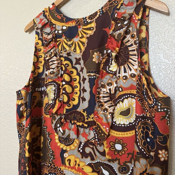 J Crew Darwin Sleeveless Blouse Size 14 Neck Ruffle Orange Brown Mosaic - Picture 2 of 6
